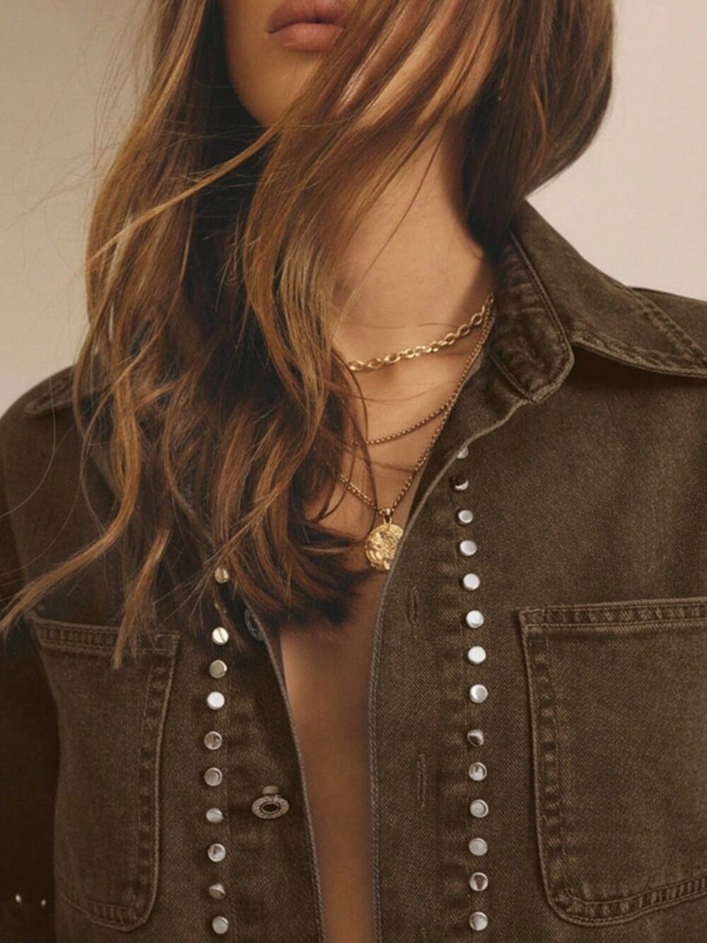 Chocolate Brown Casual Women's Studded Button Front Short Sleeve Cropped Jacket - Picture 3 of 7